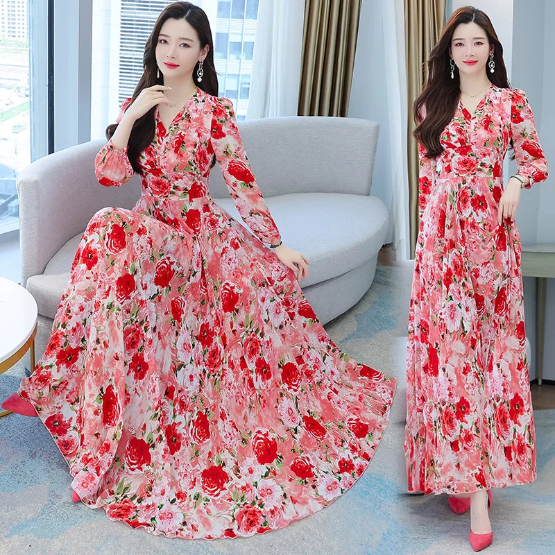 (M-4XL) Plus Size Bright Floral Chiffon Long Sleeve Midi Maxi Dress