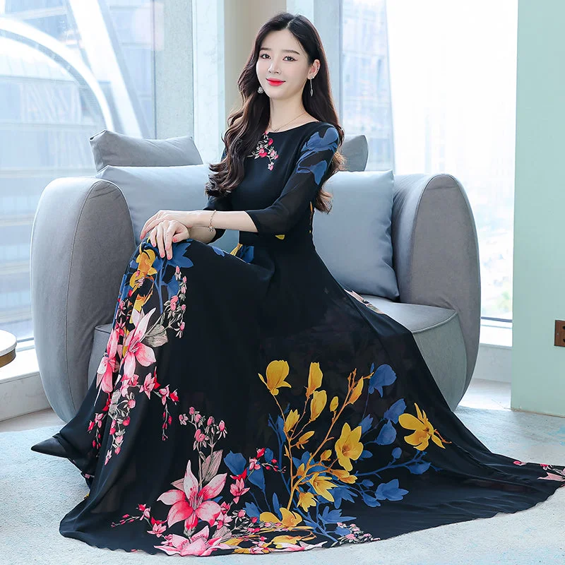 (M-4XL) Plus Size Black Botanics Floral Chiffon Midi Maxi Dress