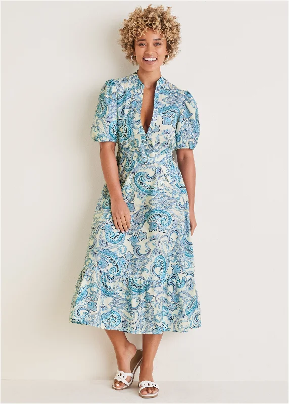 Belted Maxi Dress - Blue Paisley Swirls