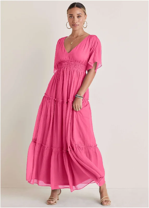 Flutter Sleeve Maxi Dress - Hot Pink