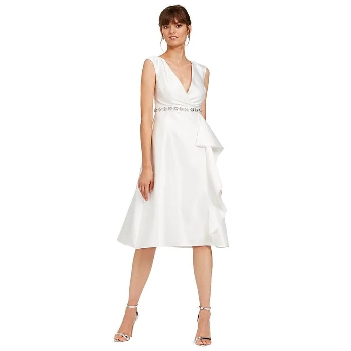 Adrianna Papell Women's Ruffled Embellished Zippered Sleeveless V Neck Below the Knee Empire Waist Formal Dress White Size 10