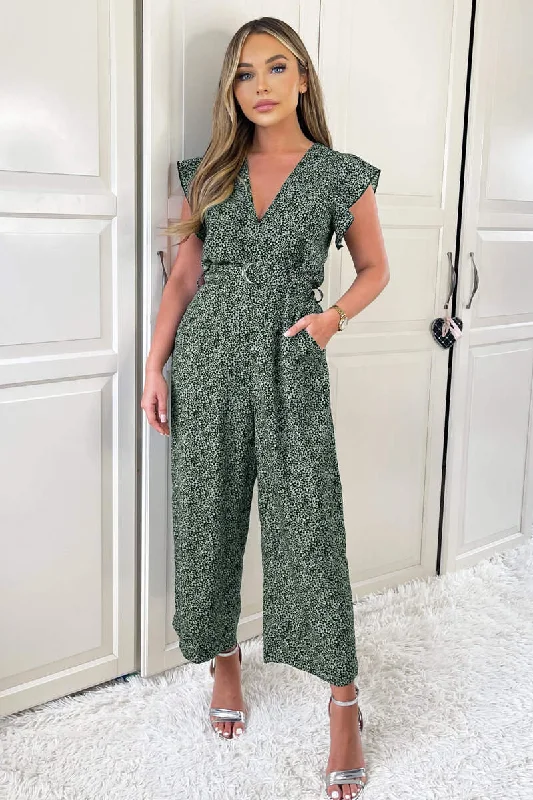 Aisling Green and Black Print Belted Jumpsuit