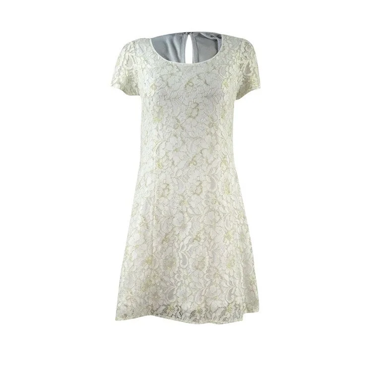 BCBGeneration Women's Metallic Lace Short Sleeve Dress (M, Whisper White)