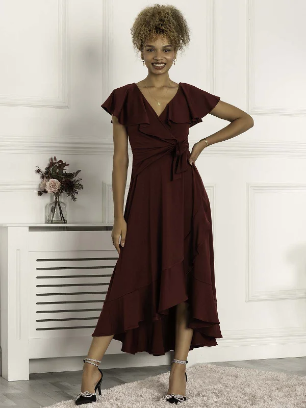 Priya Frill Dipped Hem Dress, Burgundy