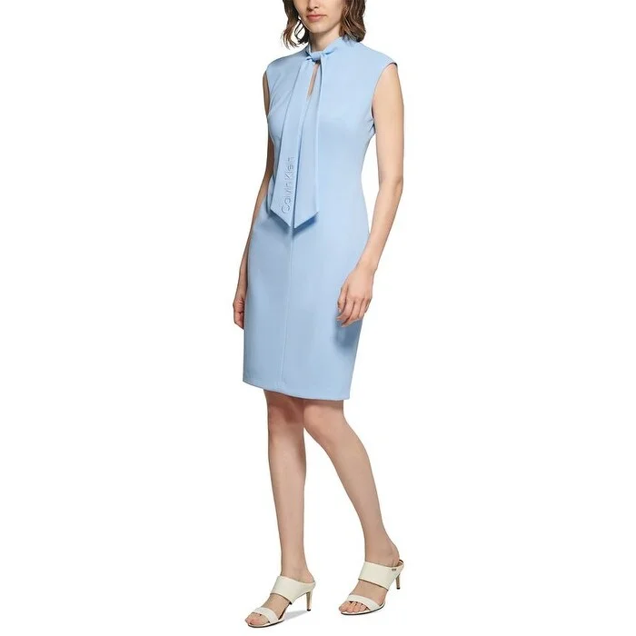 Calvin Klein Women's Cap Sleeve Tie Neck Sheath Dress Blue Size 12