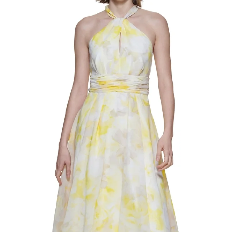 Calvin Klein Women's Floral Print Tea Length A Line Dress Yellow Size 4