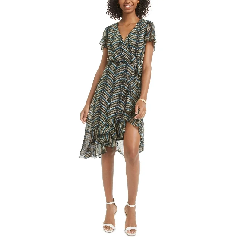 City Studios Women's Belted Printed Short Sleeve V Neck Knee Length Sheath Dress Green Size 3