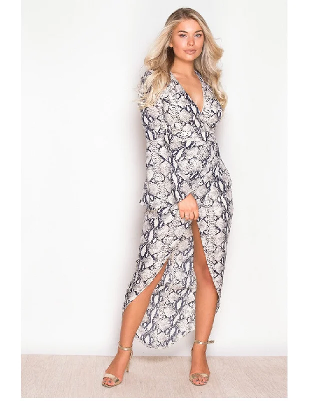 Dana Snake Print Wrap Flute Sleeve Dress