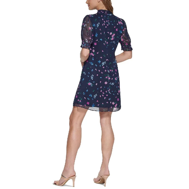 Dkny Women's Floral Print Tie Neck Shift Dress Purple Size 2