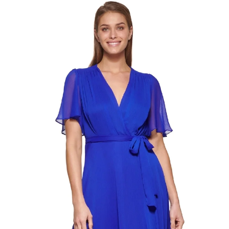 Dkny Women's Flutter Sleeve Faux Wrap Dress Blue Size 4