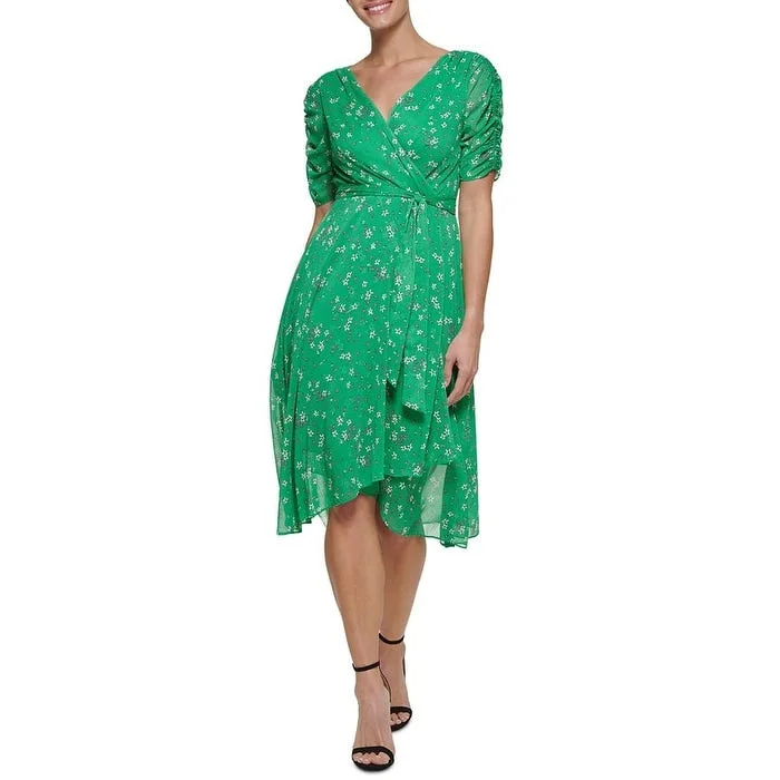 DKNY Women's Ruched Sleeve Faux Wrap Dress Green Size 8