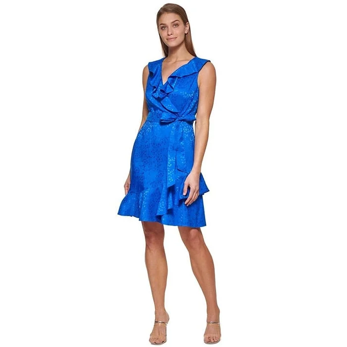 Dkny Women's Ruffled Faux Wrap Dress Blue Size 10