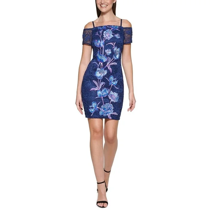 Guess Women's Embroidered Floral Bodycon Dress Blue Size 8