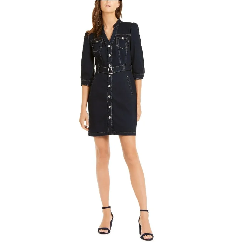 INC International Concepts Women's Belted Denim Shirt Dress Blue Size 8