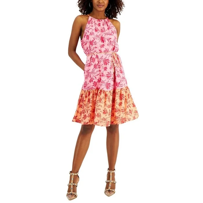 INC International Concepts Women's Printed Belted A Line Dress Pink Size 2