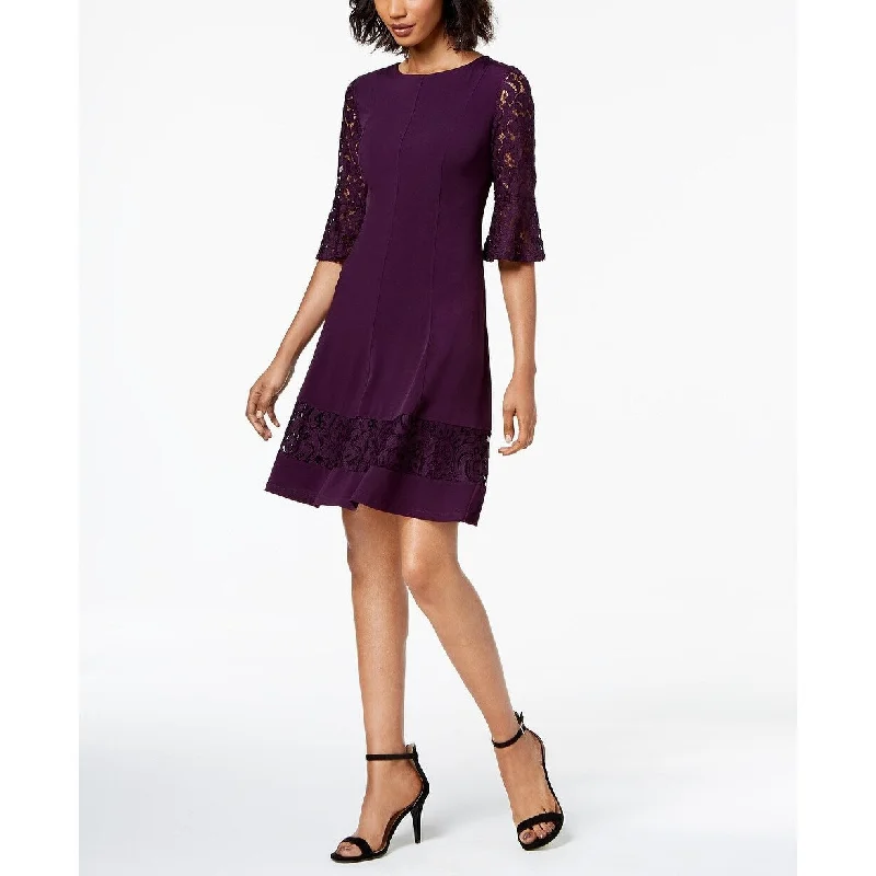 Jessica Howard Women's Petite Lace-Sleeve A-Line Dress Purple Size 6