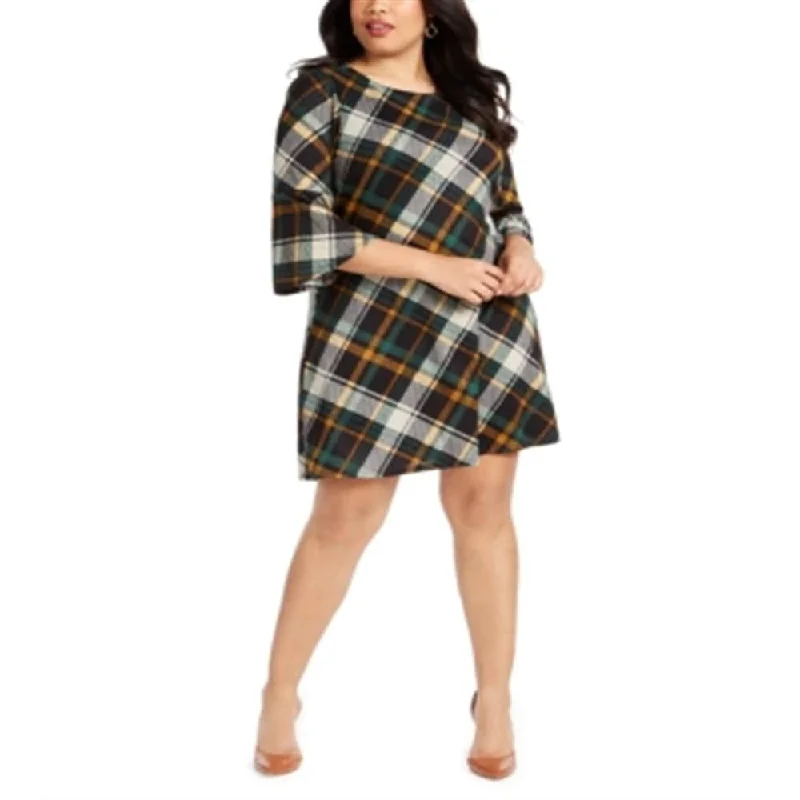 Jessica Howard Women's Plaid 3/4 Sleeve Jewel Neck Short a Line Dress Green Size 2XL