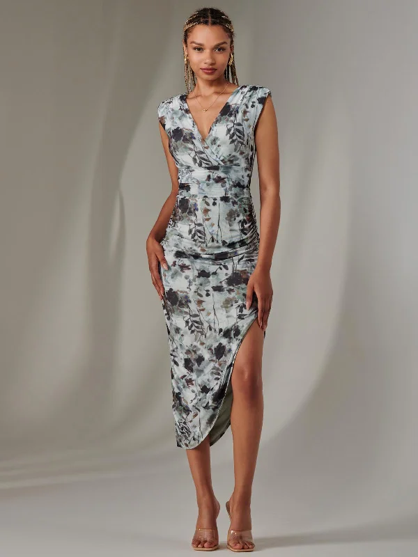 Katrina Sleeveless Ruched Bodycon Dress, Grey Abstract