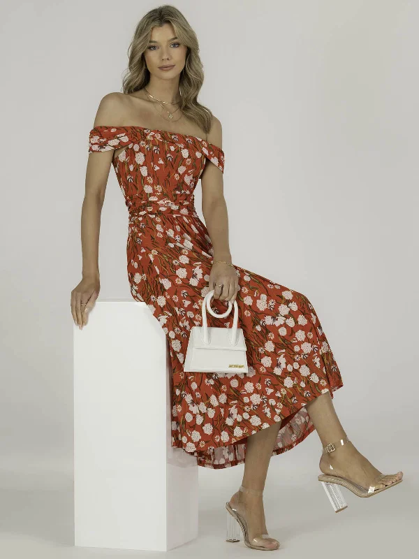 Kiara Bardot Neck Mesh Dress, Red Floral