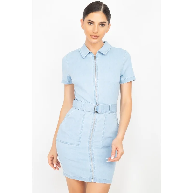 Light-Denim Belted Bodycon Collared Dress