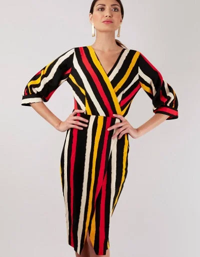 Marie Black Multi Stripe Wrap Style Dress