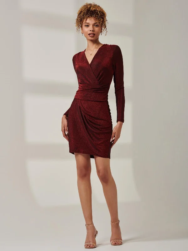 Metallic Draped Knee Length Dress, Burgundy