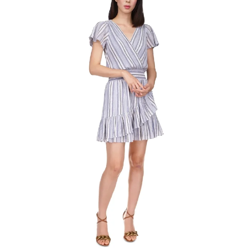 Michael Kors Women's Short Sleeve Striped Faux Wrap Dress Blue