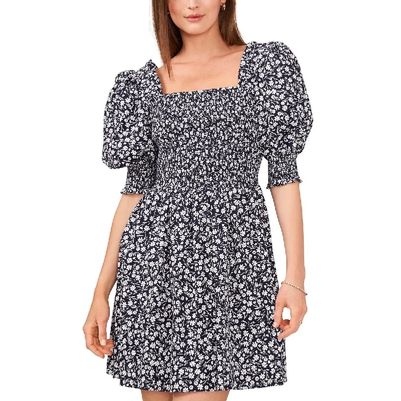 Msk Women's Cotton Printed Puff Sleeve Smoked Bodice Dress Blue Size X-Large