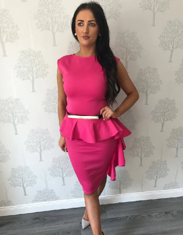 Nancy Pink Fitted Frilled Dress With Belt