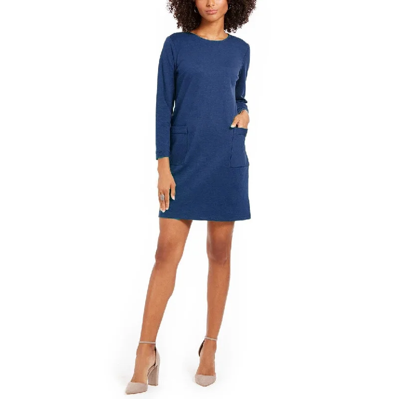 NY Collection Women's Petite Patch-Pocket Shift Dress Blue Size Large