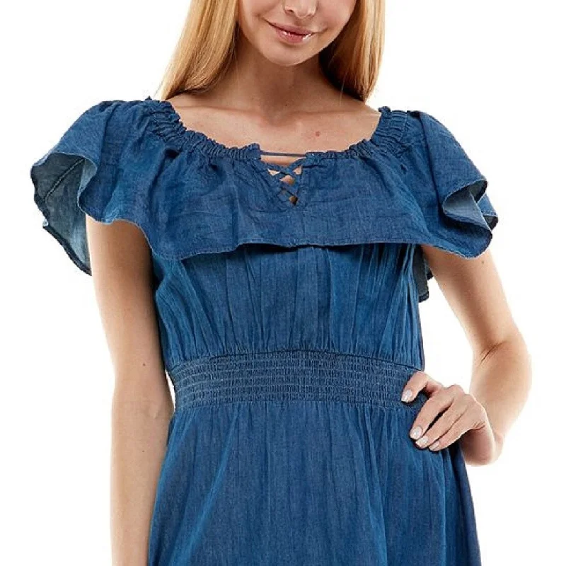 Planet Gold Junior's Cotton Denim Off The Shoulder Dress Blue Size Medium