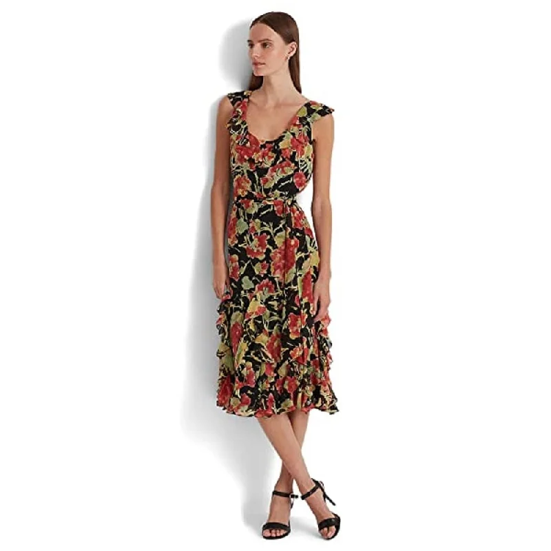 Ralph Lauren Women's Floral Crinkle Georgette Dress Black Size 14