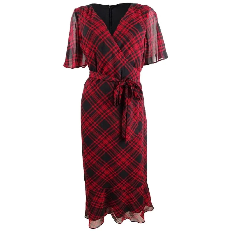 Ralph Lauren Women's Plaid Short Sleeve Below The Knee Sheath Dress Red Size 2