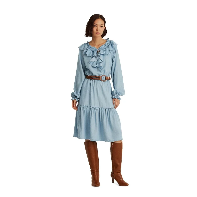 Ralph Lauren Women's Tie Ruffled Blouson Sleeve Split Below The Knee Blouson Dress Blue Size 12