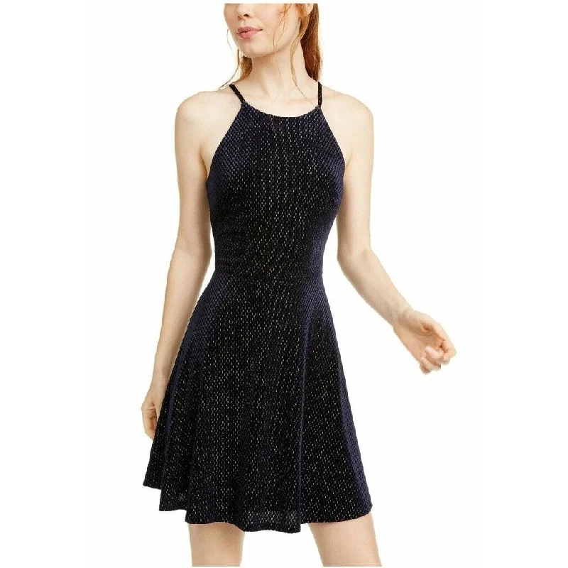 Rosie Harlow Juniors' Sparkle Halter Neck Skater Dress Blue Size Extra Large