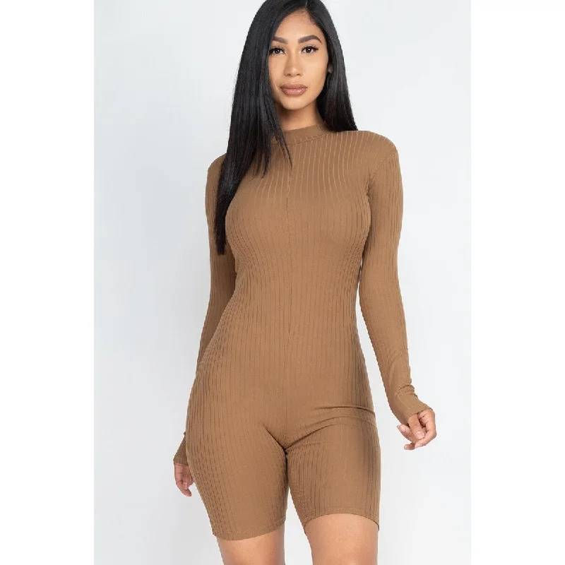 Stylish Ribbed Knit Romper for Women - Comfortable Mock Neck Jumpsuit