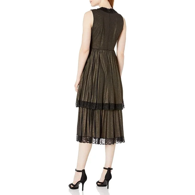 Taylor Women's Lace Trim Pleated Dress Metallic Black Size 2