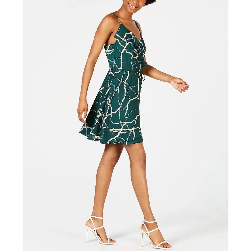 Teeze Me Women's Ruffled Printed Spaghetti Strap V Neck Short Faux Wrap Dress Green Size 1