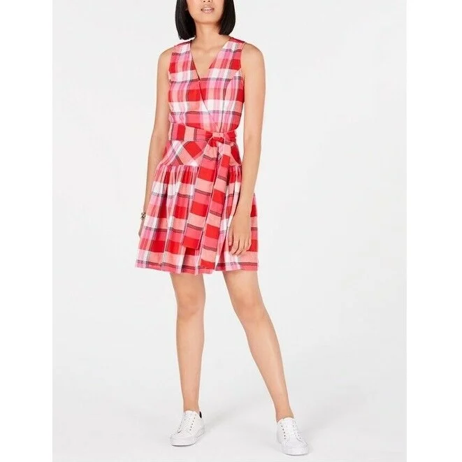 Tommy Hilfiger Women's Cotton Plaid Wrap Dress Pink Size 12