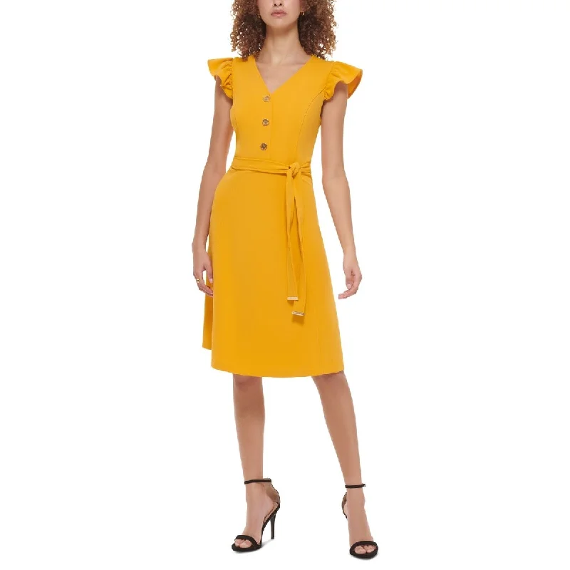 Tommy Hilfiger Women's Flutter Sleeve Scuba Crepe Dress Yellow Size 10