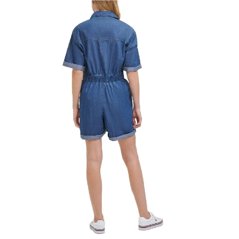 Tommy Jeans Women's Denim Zippered Pocketed Elastic Waist Logo Graphic Elbow Sleeve Collared Romper Blue Size Small