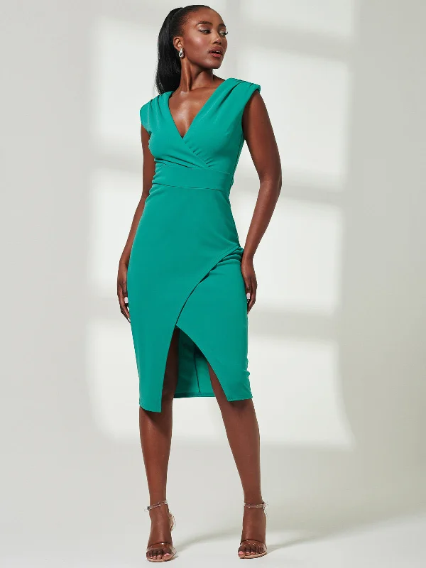 Yseult V-Neck Split Bodycon Dress, Green