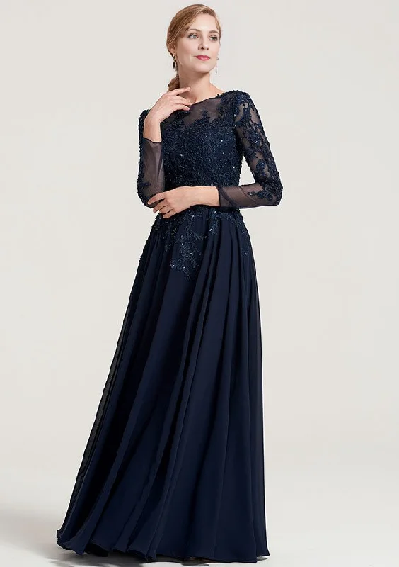 A-line Bateau 3/4 Sleeve Floor-Length Chiffon Mother of the Bride Dress With Beading Appliqued