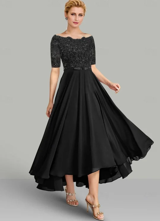 A-Line Mother of the Bride Dress Elegant High Low Asymmetrical Chiffon Lace with Sash / Ribbon