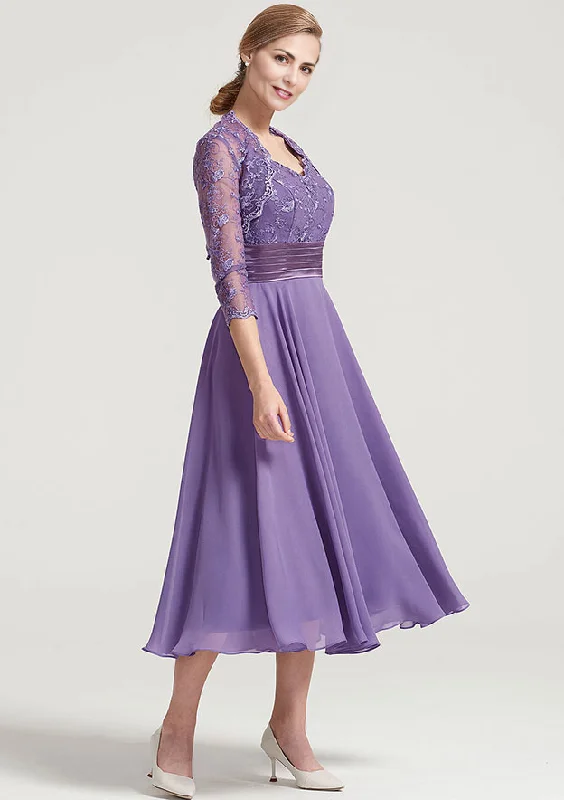 A-line Tea-Length Chiffon Mother of the Bride Dress With Jacket Lace Pleated