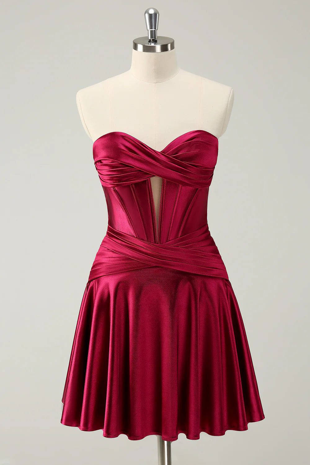 Burgundy Cute A Line Satin Sweetheart Strapless Keyhole Homecoming Dress