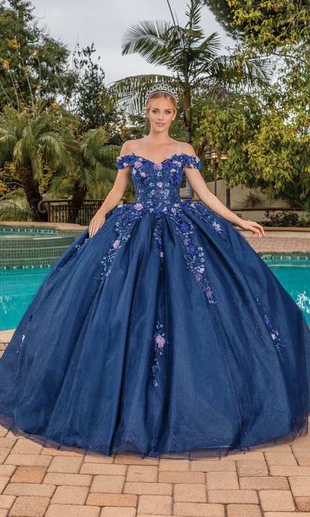 Navy Quinceanera Dresses Princess Dress Off Shoulder Polyester with Appliques