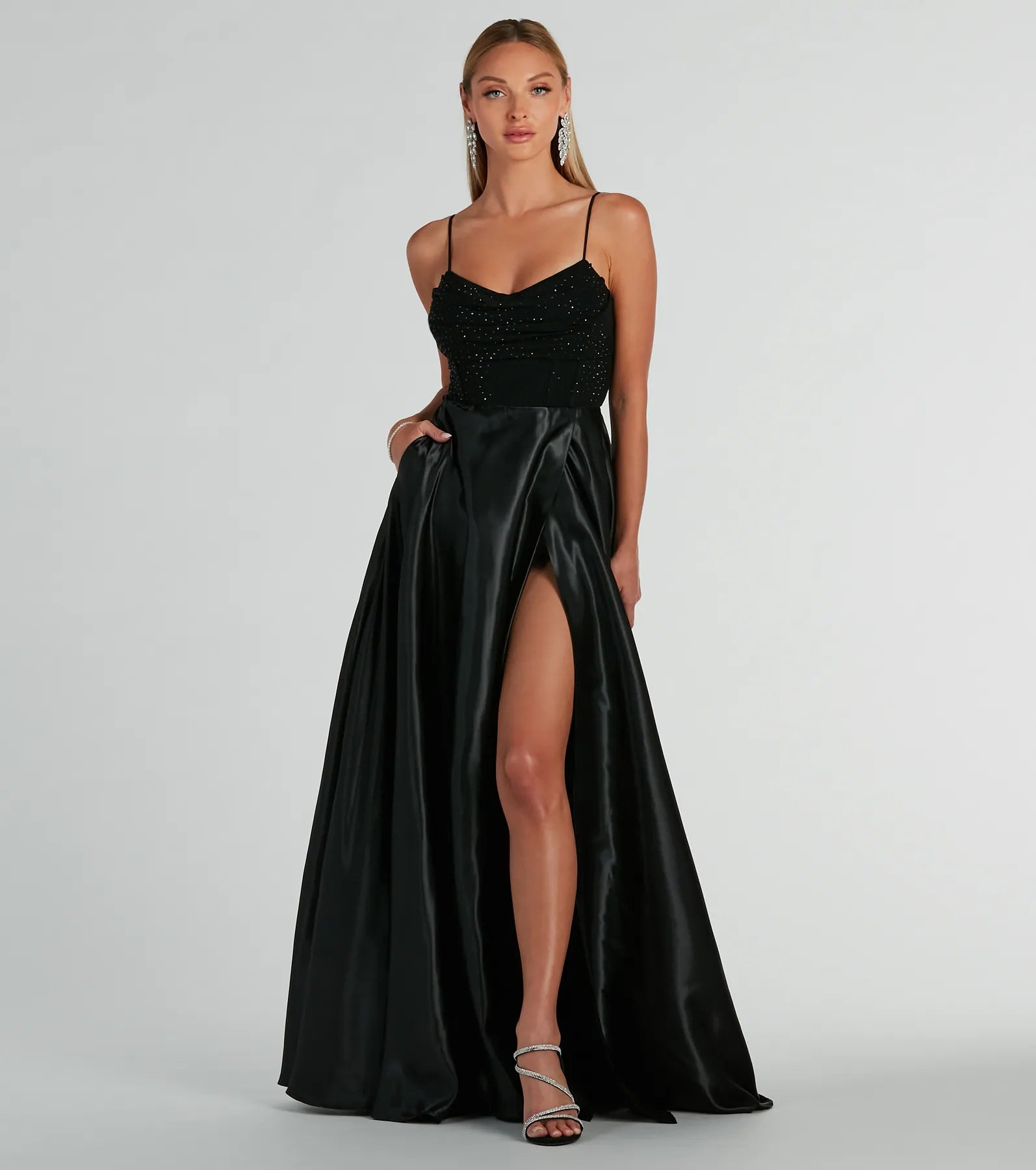 Ammara Cowl Neck Slit A-Line Satin Formal Dress