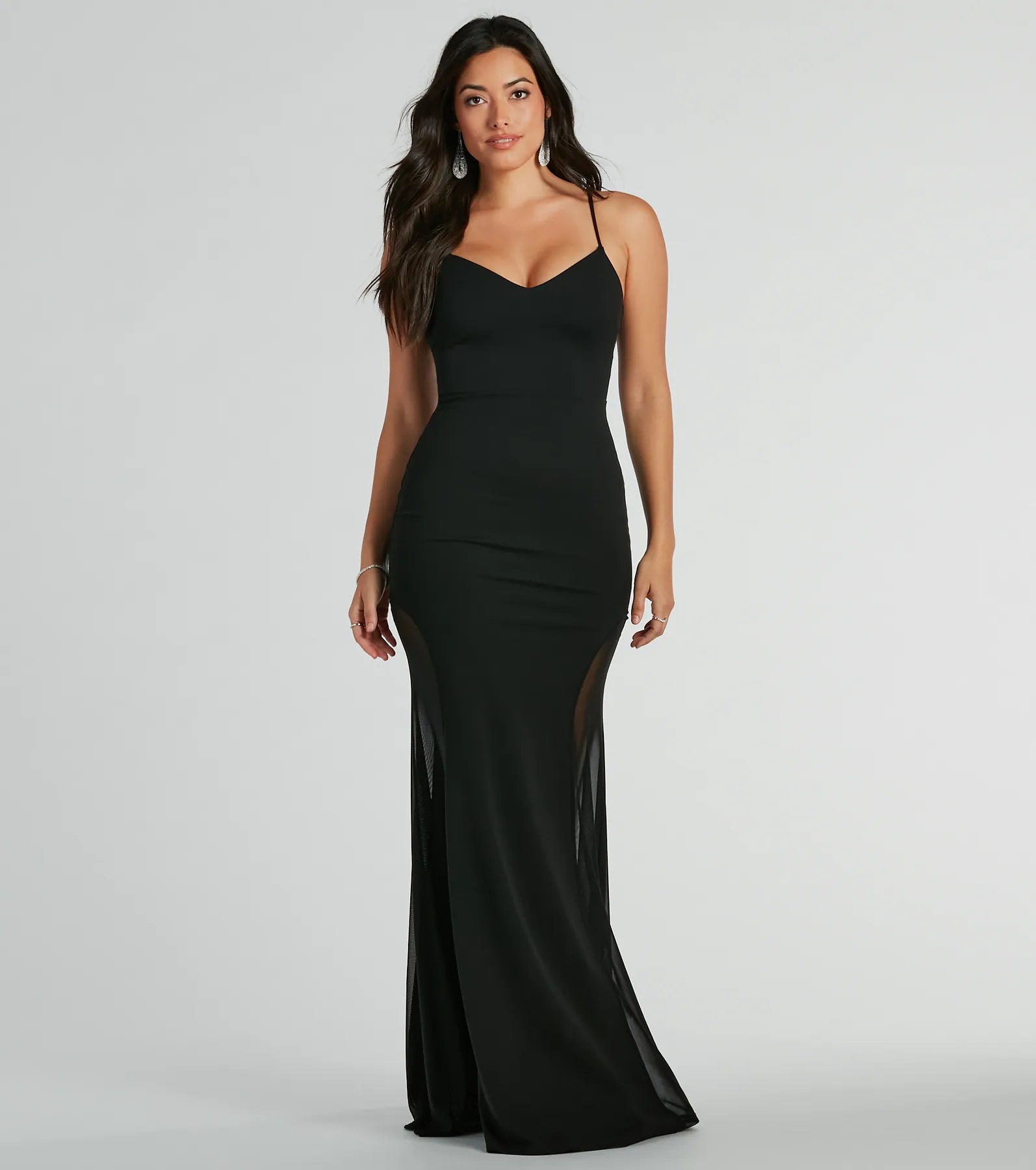 Amy V-Neck Mesh Mermaid Crepe Formal Dress