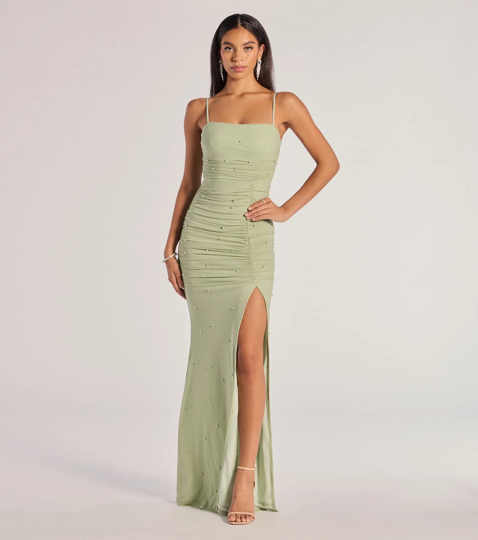 Annika Pearl And Rhinestone Ruched Mesh Mermaid Dress